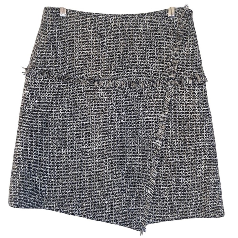 HALOGEN 8‎ Tweed A-Line Short Skirt Fringe Asymmetric Black White & Metallic